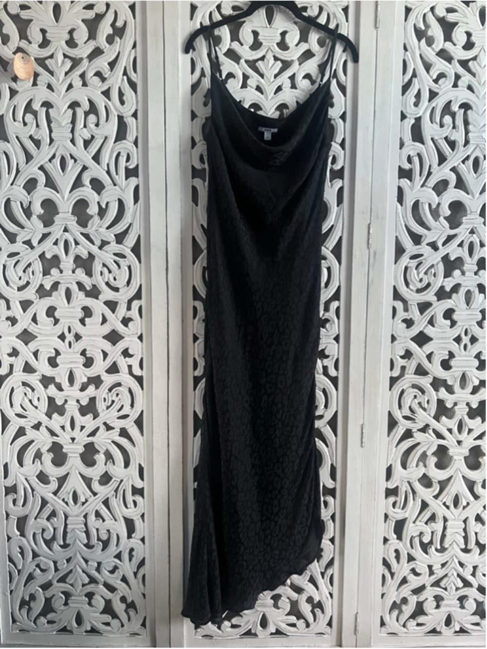 Black Slip Dress bar III Leopard Print Cowl Neck Midi Maxi Dress L Satin Sheen